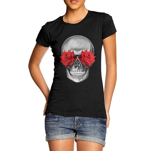 Womens Gothic Print Skulls Flower Eyes T-Shirt