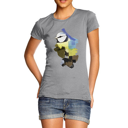 Women's Watercolour Pixel Blue Tit Bird T-Shirt