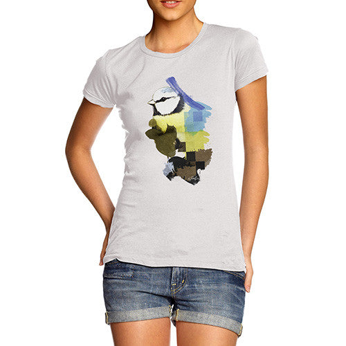 Women's Watercolour Pixel Blue Tit Bird T-Shirt