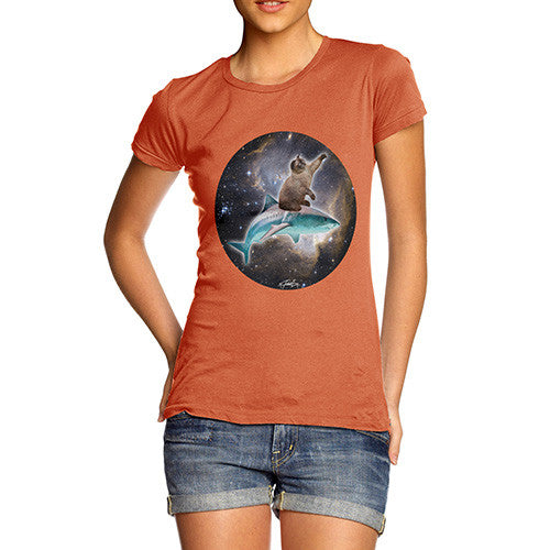 Women's Cat Riding A Shark In Space T-Shirt