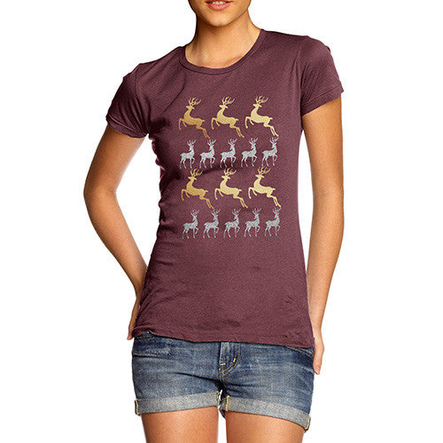 Women's Gold & Silver Reindeer Pattern T-Shirt