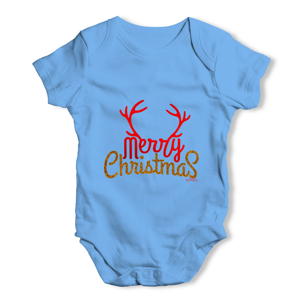 Merry Christmas Glitter Antlers Baby Grow Bodysuit
