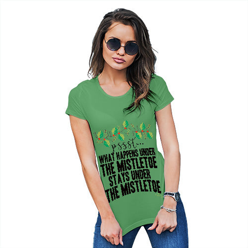 Womens T-Shirt Funny Geek Nerd Hilarious Joke What Happens Under The Mistletoe Women's T-Shirt Medium Green