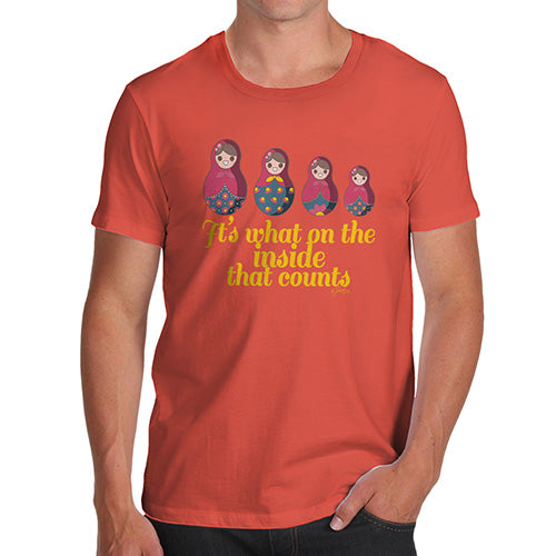 Mens T-Shirt Funny Geek Nerd Hilarious Joke It's What's On The Inside That Counts Men's T-Shirt Small Orange