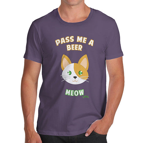 Funny Mens T Shirts Pass Me A Beer Meow Men's T-Shirt Medium Plum