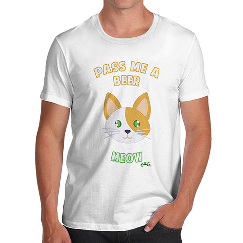 Novelty T Shirts For Dad Pass Me A Beer Meow Men's T-Shirt Medium White