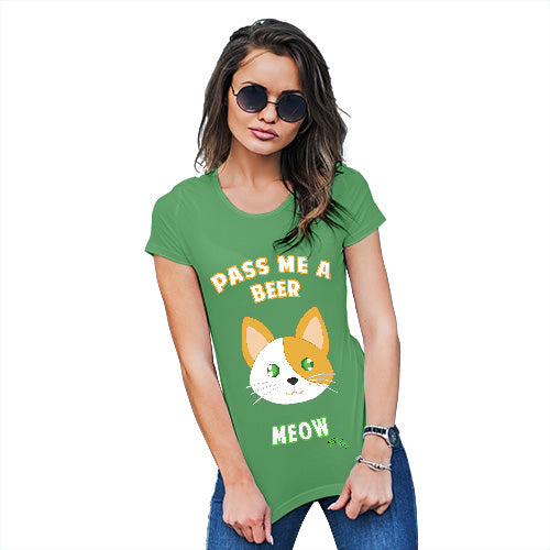 Womens Novelty T Shirt Pass Me A Beer Meow Women's T-Shirt Large Green