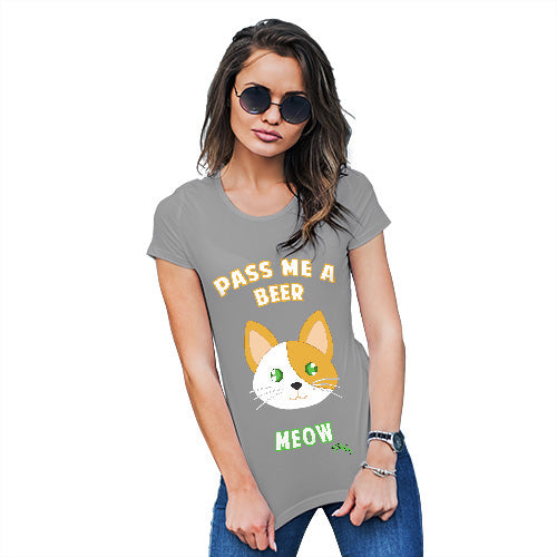 Novelty Tshirts Women Pass Me A Beer Meow Women's T-Shirt X-Large Light Grey