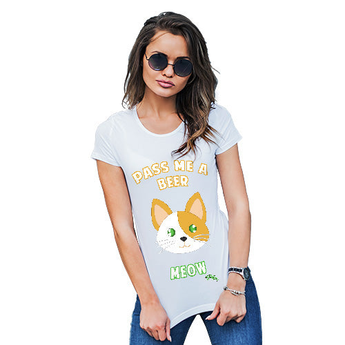 Womens Humor Novelty Graphic Funny T Shirt Pass Me A Beer Meow Women's T-Shirt Small White