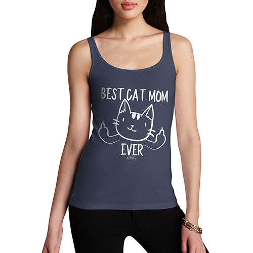 Adult Humor Novelty Graphic Sarcasm Funny Tank Top Best Cat Mom Ever Women's Tank Top Large Navy