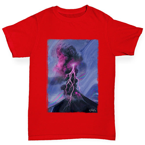 Girls Funny Tshirts Neon Lightning Volcano Girl's T-Shirt Age 3-4 Red