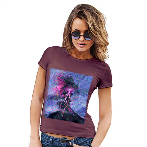 Novelty Tshirts Women Neon Lightning Volcano Women's T-Shirt X-Large Burgundy