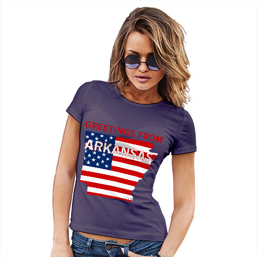 Womens Humor Novelty Graphic Funny T Shirt Greetings From Arkansas USA Flag Women's T-Shirt Large Plum