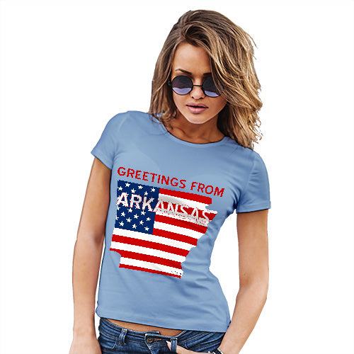 Novelty Gifts For Women Greetings From Arkansas USA Flag Women's T-Shirt X-Large Sky Blue