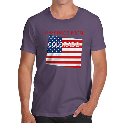 Funny T-Shirts For Guys Greetings From Colorado USA Flag Men's T-Shirt Small Plum
