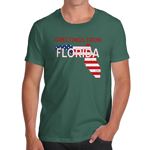 Novelty Tshirts Men Funny Greetings From Florida USA Flag Men's T-Shirt Small Bottle Green