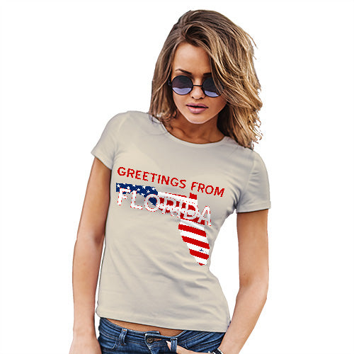 Womens Humor Novelty Graphic Funny T Shirt Greetings From Florida USA Flag Women's T-Shirt Large Natural