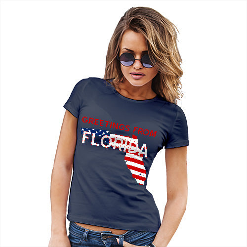 Funny T Shirts For Women Greetings From Florida USA Flag Women's T-Shirt Small Navy