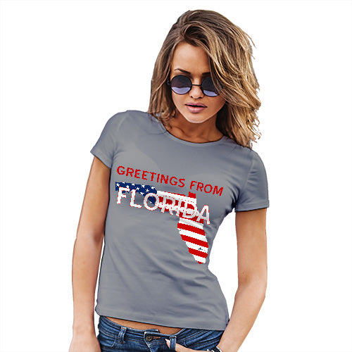 Novelty Tshirts Women Greetings From Florida USA Flag Women's T-Shirt X-Large Light Grey