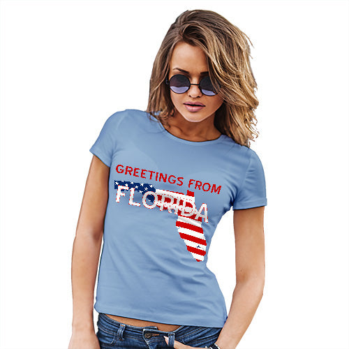 Womens Novelty T Shirt Christmas Greetings From Florida USA Flag Women's T-Shirt Medium Sky Blue