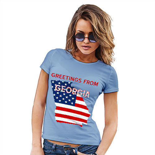 Womens Humor Novelty Graphic Funny T Shirt Greetings From Georgia USA Flag Women's T-Shirt Small Sky Blue