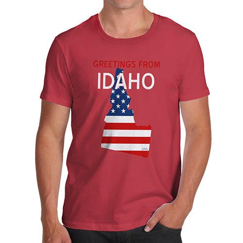 Funny T Shirts For Men Greetings From Idaho USA Flag Men's T-Shirt X-Large Red