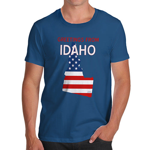 Mens Novelty T Shirt Christmas Greetings From Idaho USA Flag Men's T-Shirt Medium Royal Blue