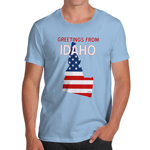 Novelty T Shirts For Dad Greetings From Idaho USA Flag Men's T-Shirt Medium Sky Blue