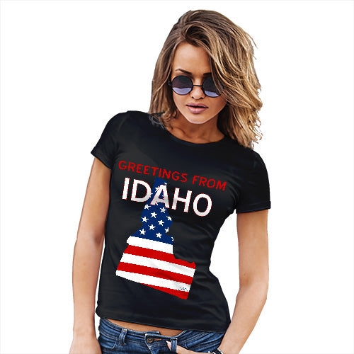 Funny Tee Shirts For Women Greetings From Idaho USA Flag Women's T-Shirt Large Black