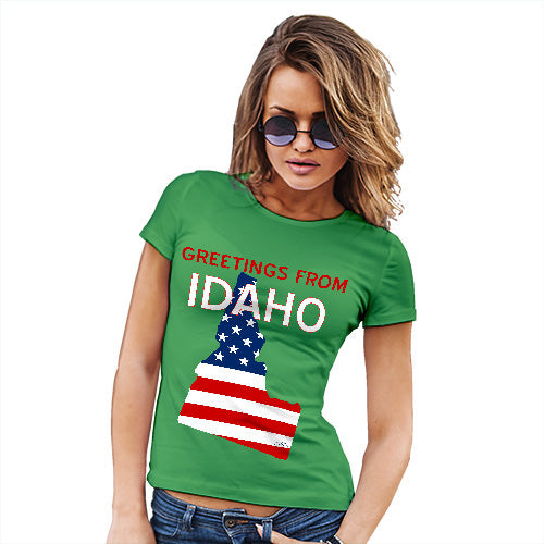 Womens Novelty T Shirt Greetings From Idaho USA Flag Women's T-Shirt Small Green