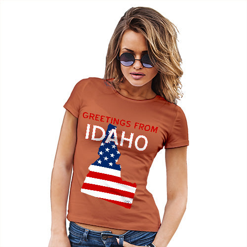 Womens Funny Sarcasm T Shirt Greetings From Idaho USA Flag Women's T-Shirt Medium Orange
