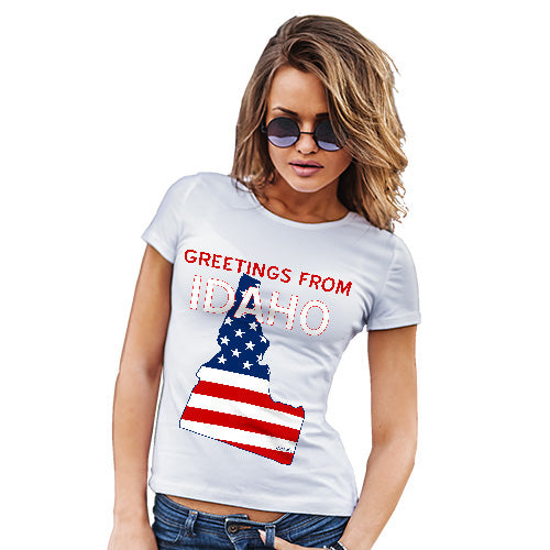 Novelty Gifts For Women Greetings From Idaho USA Flag Women's T-Shirt Large White