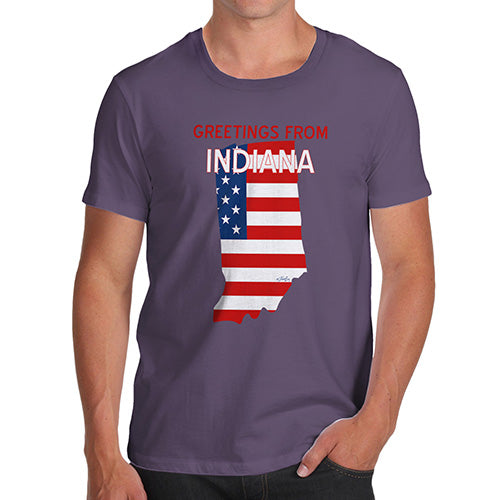 Funny Mens T Shirts Greetings From Indiana USA Flag Men's T-Shirt Small Plum