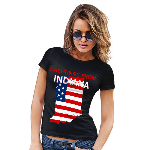 Womens Novelty T Shirt Christmas Greetings From Indiana USA Flag Women's T-Shirt X-Large Black