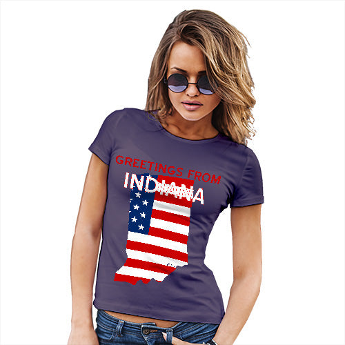 Womens Novelty T Shirt Christmas Greetings From Indiana USA Flag Women's T-Shirt Medium Plum