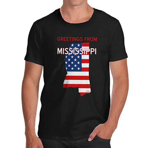 Novelty Tshirts Men Greetings From Mississippi USA Flag Men's T-Shirt Large Black