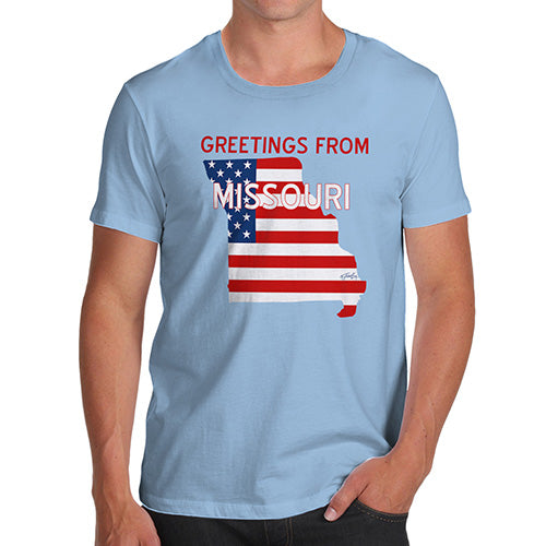 Funny Mens T Shirts Greetings From Missouri USA Flag Men's T-Shirt X-Large Sky Blue