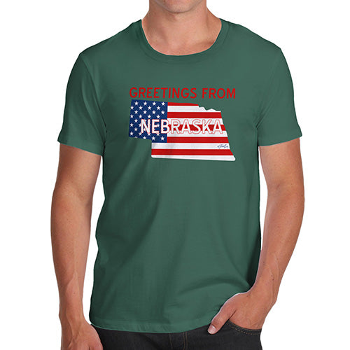 Mens Novelty T Shirt Christmas Greetings From Nebraska USA Flag Men's T-Shirt X-Large Bottle Green