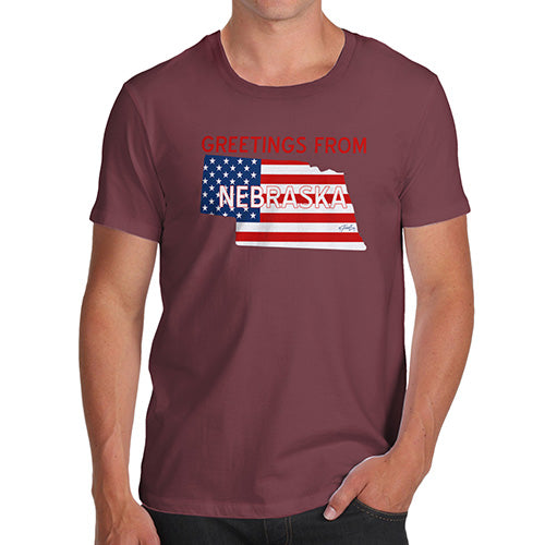 Funny T Shirts For Men Greetings From Nebraska USA Flag Men's T-Shirt Small Burgundy