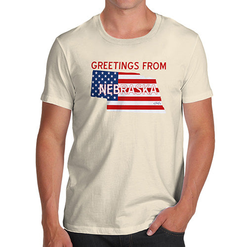 Mens T-Shirt Funny Geek Nerd Hilarious Joke Greetings From Nebraska USA Flag Men's T-Shirt Large Natural