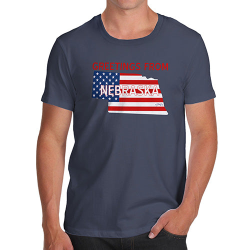 Funny Tee For Men Greetings From Nebraska USA Flag Men's T-Shirt Small Navy