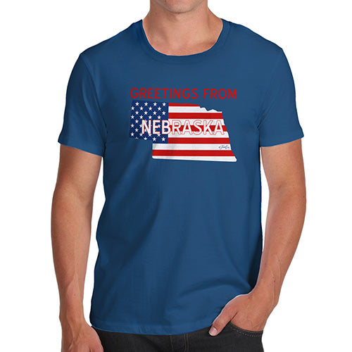 Funny T-Shirts For Men Greetings From Nebraska USA Flag Men's T-Shirt Medium Royal Blue