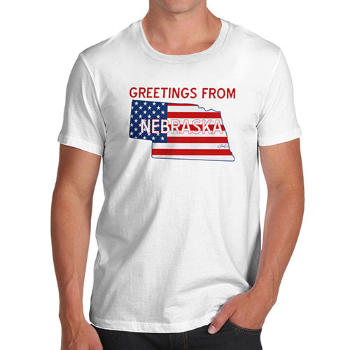 Novelty Tshirts Men Greetings From Nebraska USA Flag Men's T-Shirt Large White