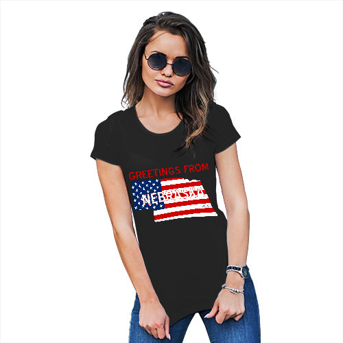 Womens Humor Novelty Graphic Funny T Shirt Greetings From Nebraska USA Flag Women's T-Shirt Small Black