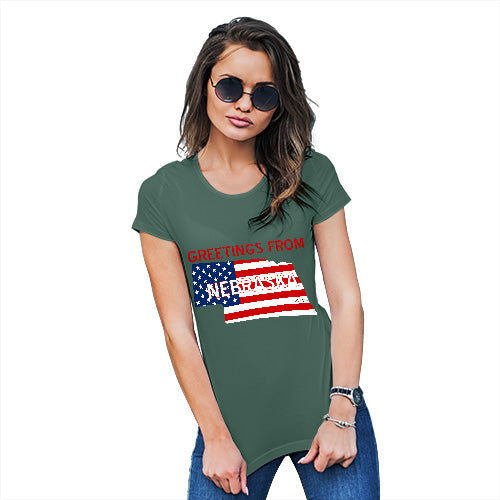 Womens Novelty T Shirt Greetings From Nebraska USA Flag Women's T-Shirt Medium Bottle Green