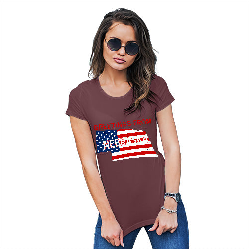 Womens Funny T Shirts Greetings From Nebraska USA Flag Women's T-Shirt Small Burgundy