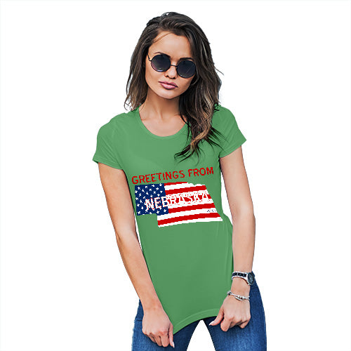 Funny Shirts For Women Greetings From Nebraska USA Flag Women's T-Shirt X-Large Green