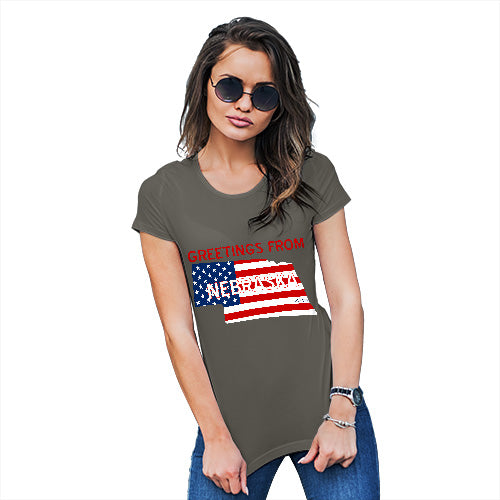 Novelty Tshirts Women Greetings From Nebraska USA Flag Women's T-Shirt Large Khaki