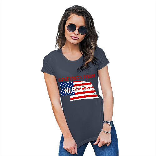 Womens Funny T Shirts Greetings From Nebraska USA Flag Women's T-Shirt Large Navy