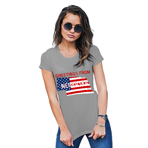 Funny Tee Shirts For Women Greetings From Nebraska USA Flag Women's T-Shirt X-Large Light Grey
